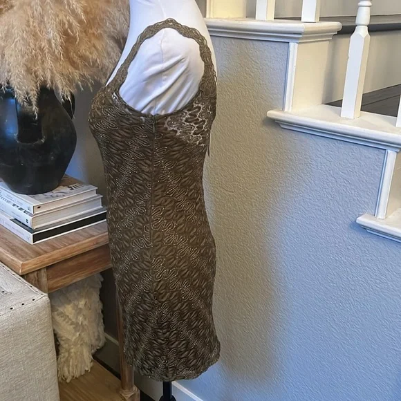 FREE PEOPLE Foiled Again Olive Lace Bodycon Open Back Boho Mini Dress Size XS - Picture 5 of 7